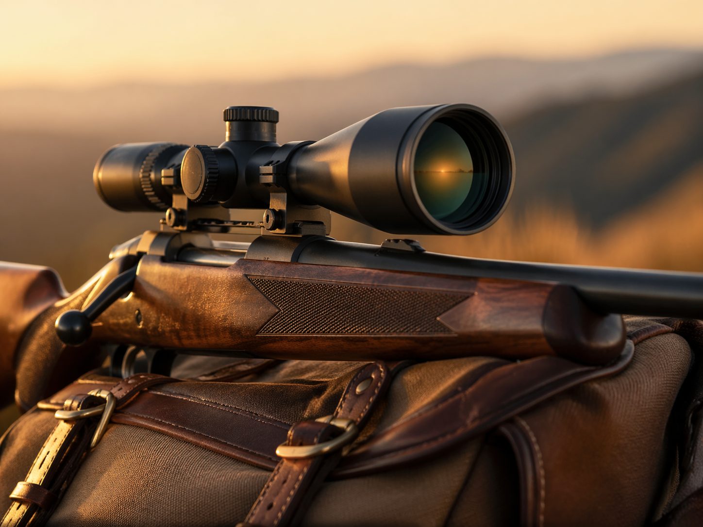 Premium rifle scope on walnut-stock bolt-action rifle resting on canvas pack at dawn, HuntPremium optics