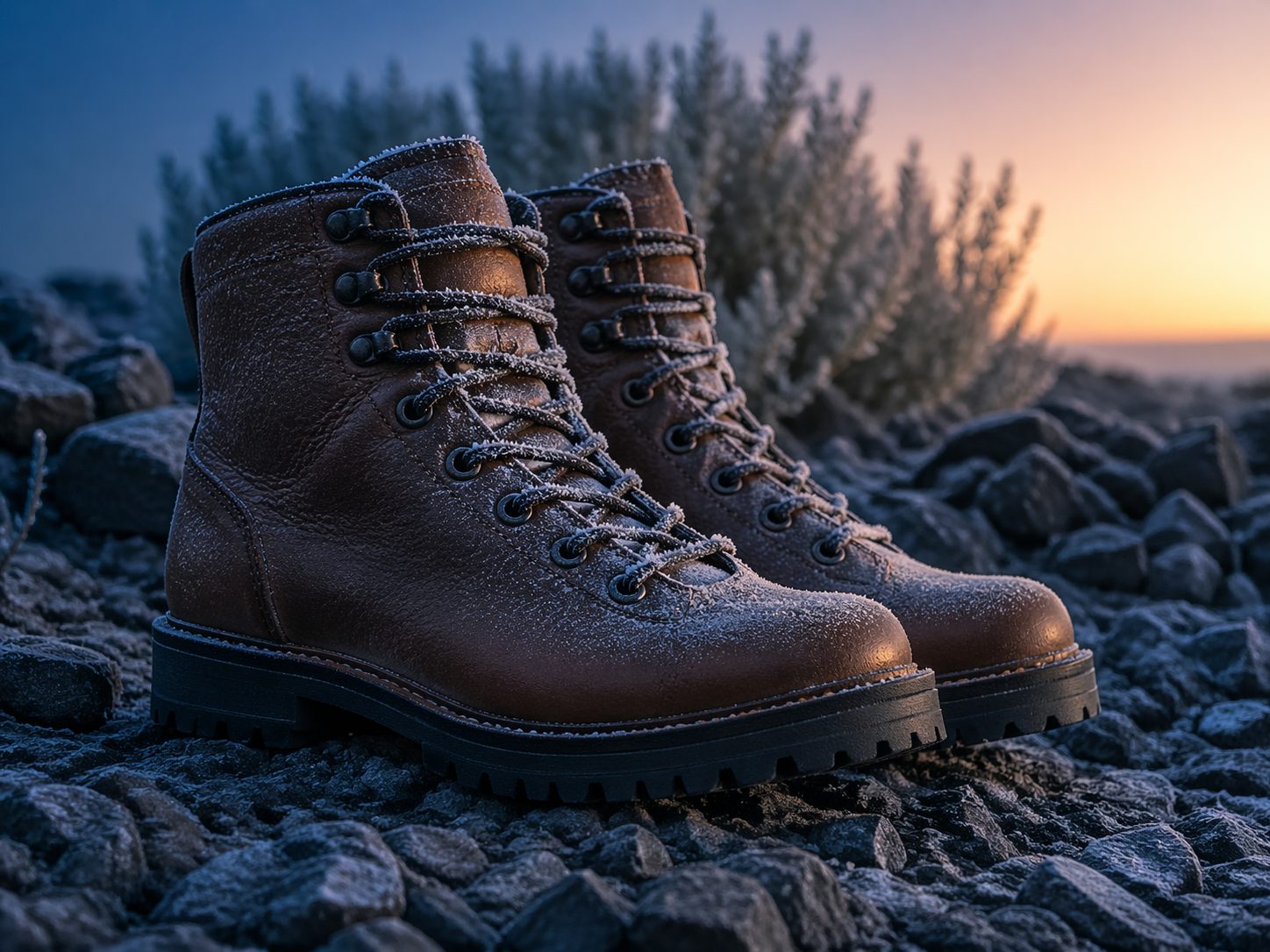 Full-grain leather mountain hunting boots on basalt scree with frost on laces, sage brush background, HuntPremium footwear