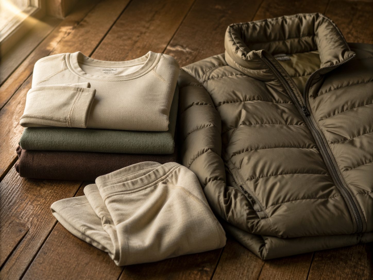 Folded merino wool base layers and muted earth-tone puffy jacket on weathered barn wood table, HuntPremium insulation