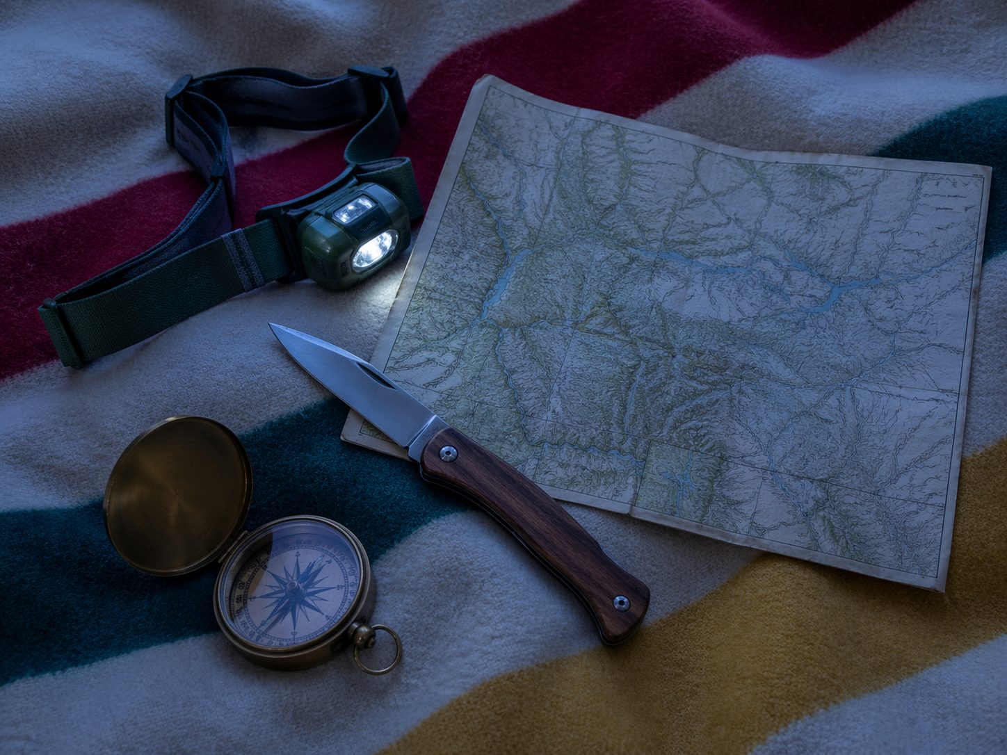 Headlamp, folding knife, topo map, and brass compass flat-lay on Hudson Bay wool blanket at pre-dawn, HuntPremium essentials