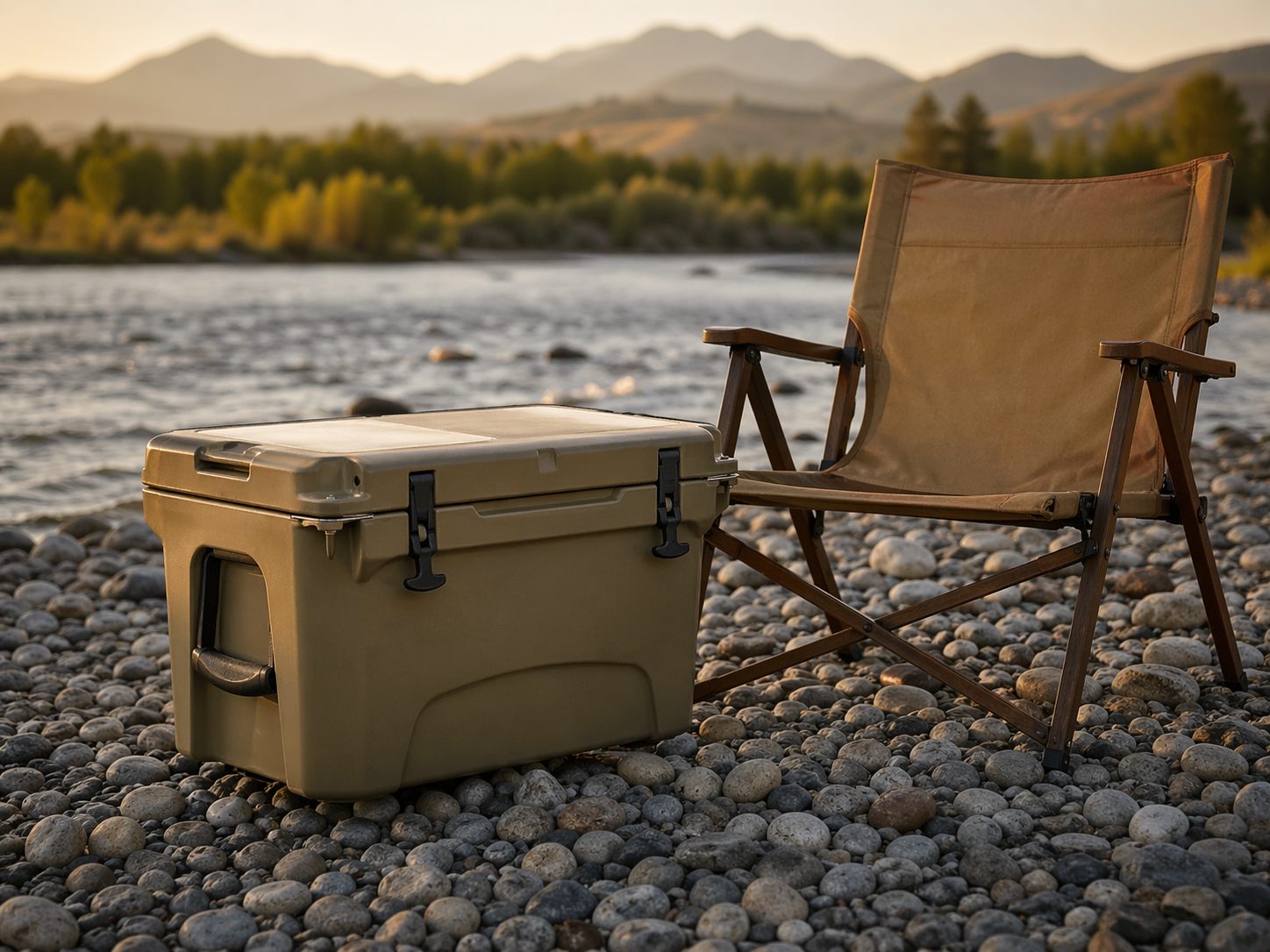 Heavy-duty rotomolded cooler next to folding canvas camp chair at Madison River gravel bar, golden hour, HuntPremium