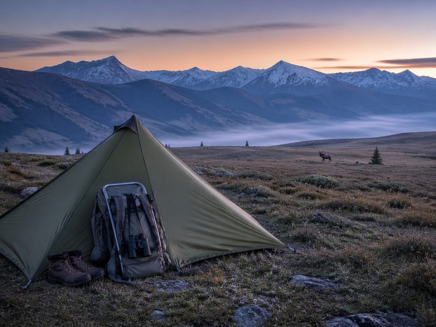 Lightweight spike tent and backpack at dawn alpine basin Rocky Mountains with distant elk silhouette, HuntPremium