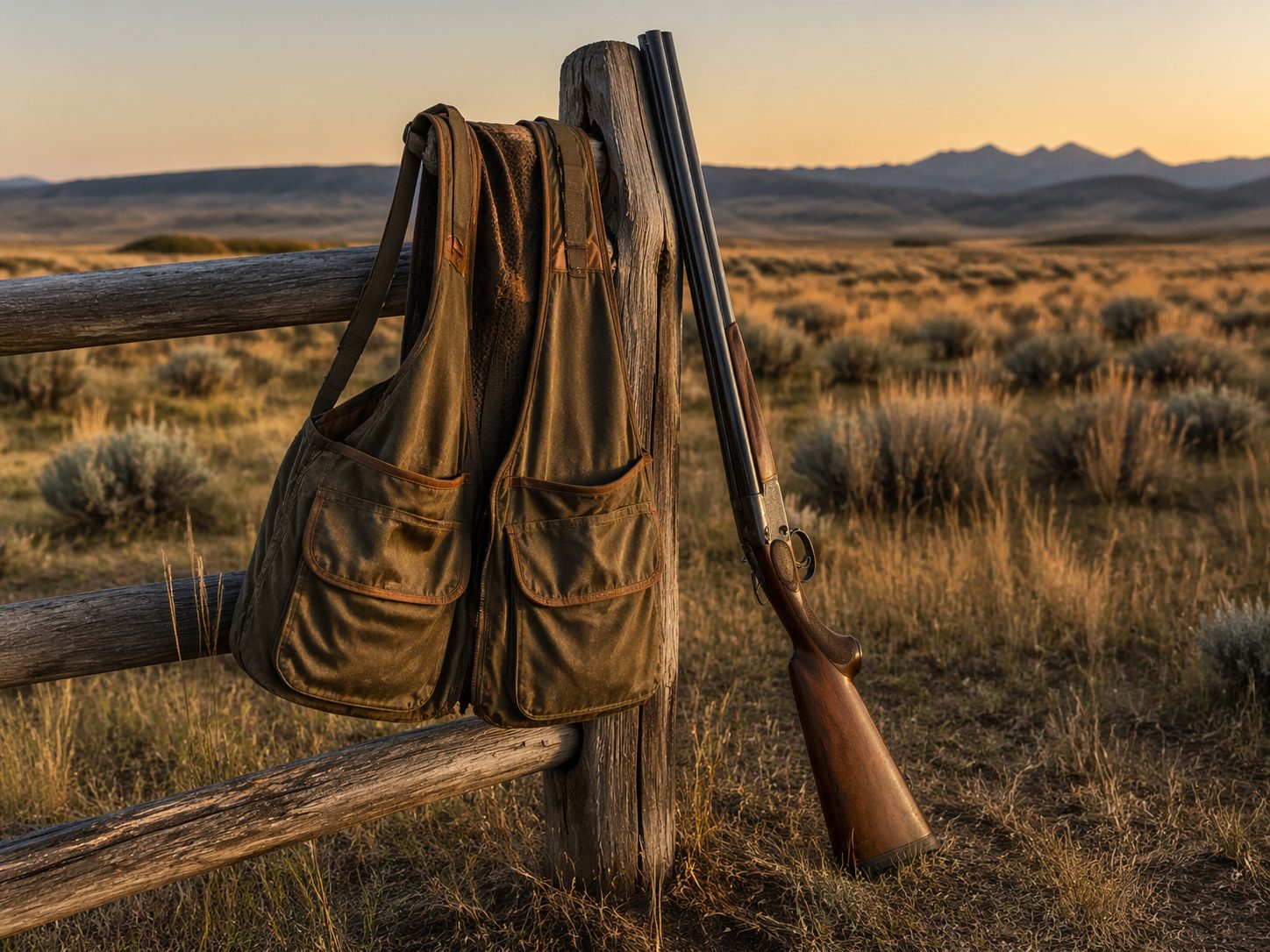 Waxed-canvas upland strap vest on fence post with side-by-side 20ga shotgun in sage prairie golden light, HuntPremium upland