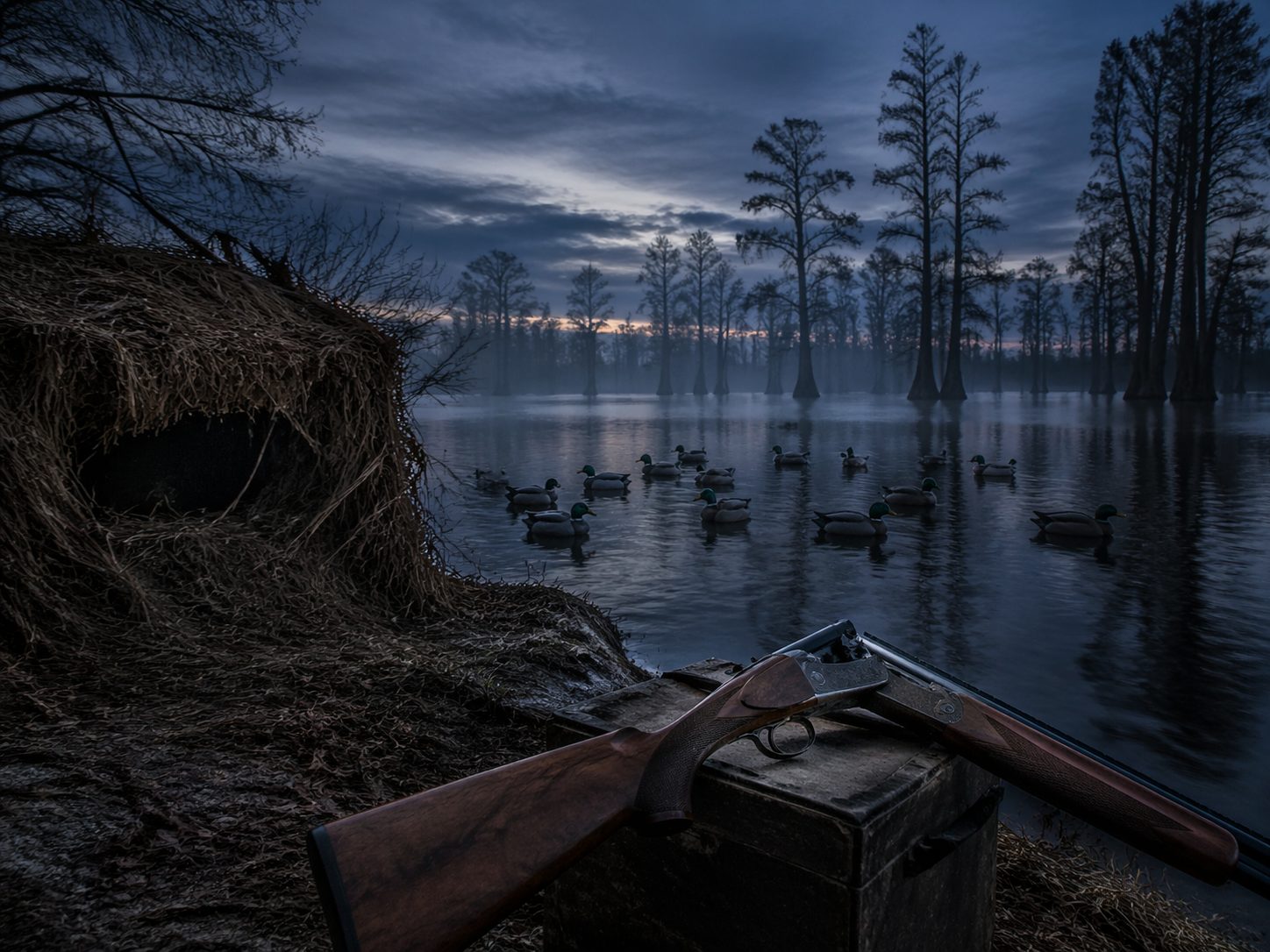 Duck decoy spread flooded timber blue hour cypress silhouette over-under shotgun, HuntPremium waterfowl