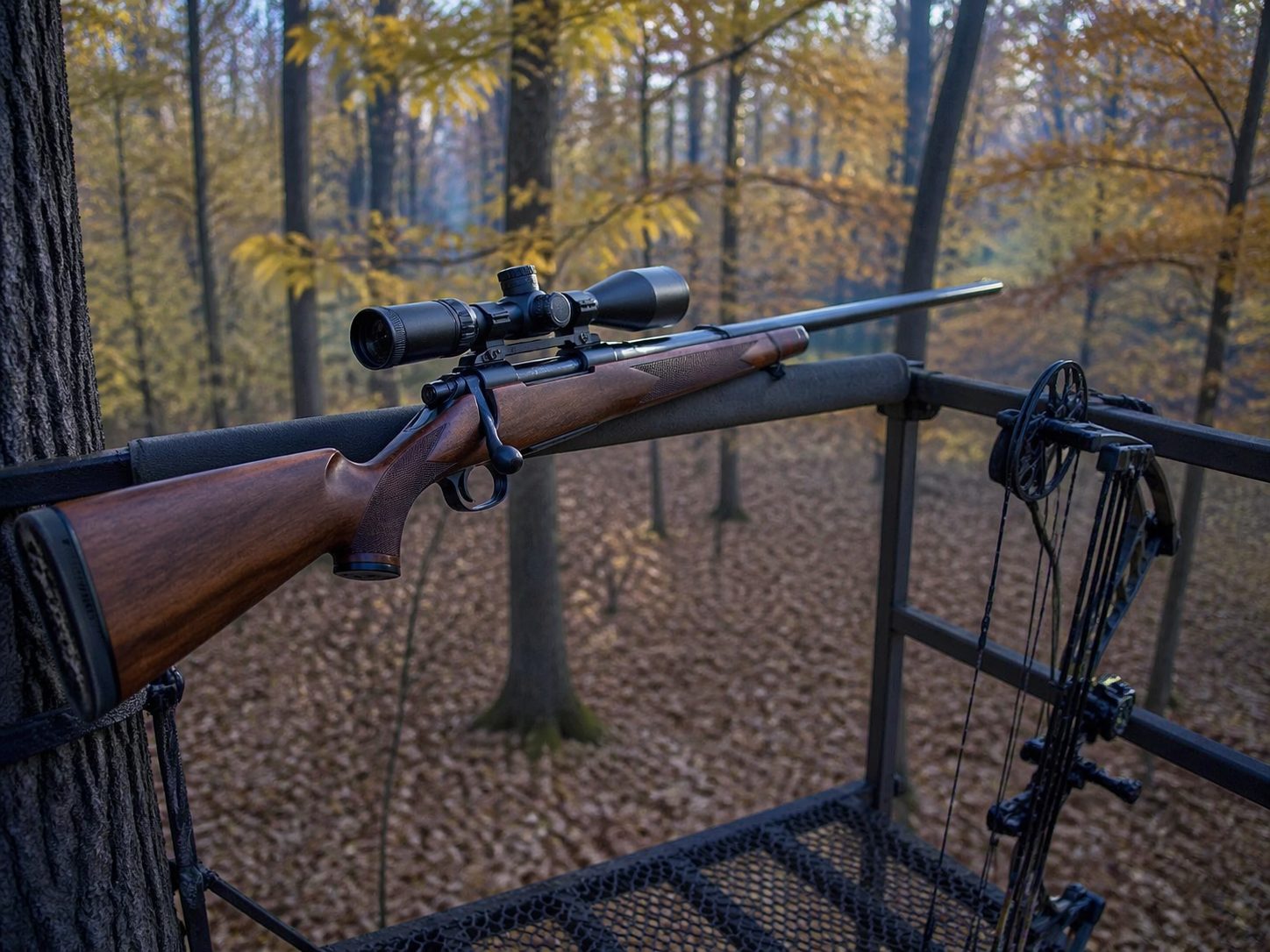 Walnut bolt-action rifle on tree stand rail with compound bow in soft autumn hardwood forest, HuntPremium whitetail