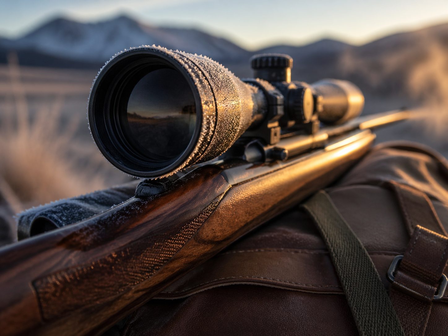 Close-up of rifle scope with frost on ring and walnut stock grain at Bozeman Montana first light, HuntPremium